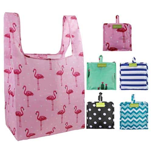 Reusable Grocery Shopping Tote Bags Foldable into Attached Pouch Durable Light Weight Flat Bottom